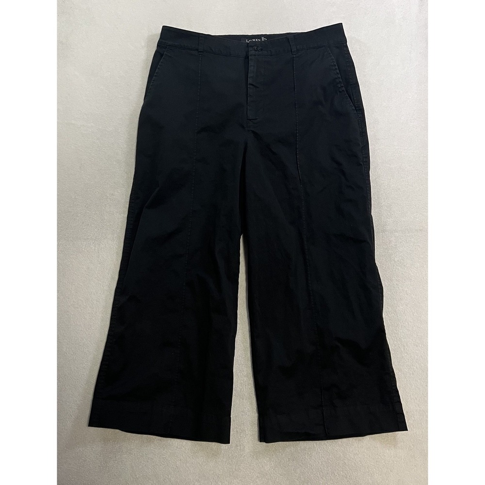 Lauren Ralph Lauren Wide Leg Crop Pants Womens 10 Black Side Zip Stretch Culotte